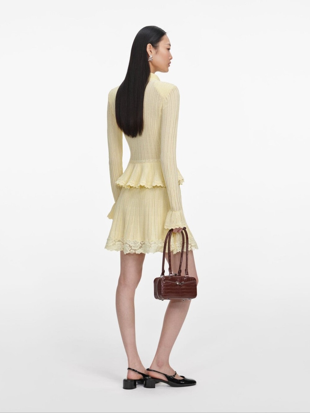 Self Portrait Yellow Pointelle Peplum Knit Mini Dress - Picture 3 of 7